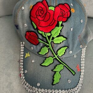 Private Label Denim Hat with Red and Green Floral Embroidery